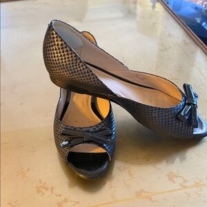 Geox Black Textured Peep-Toe Flats with Bow Accent